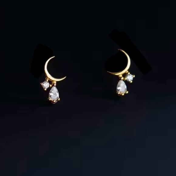“Tears from the Moon” Crescent Sliver Dripping Crystals Swarovski Tiny 14K Studs - Picture 8 of 16